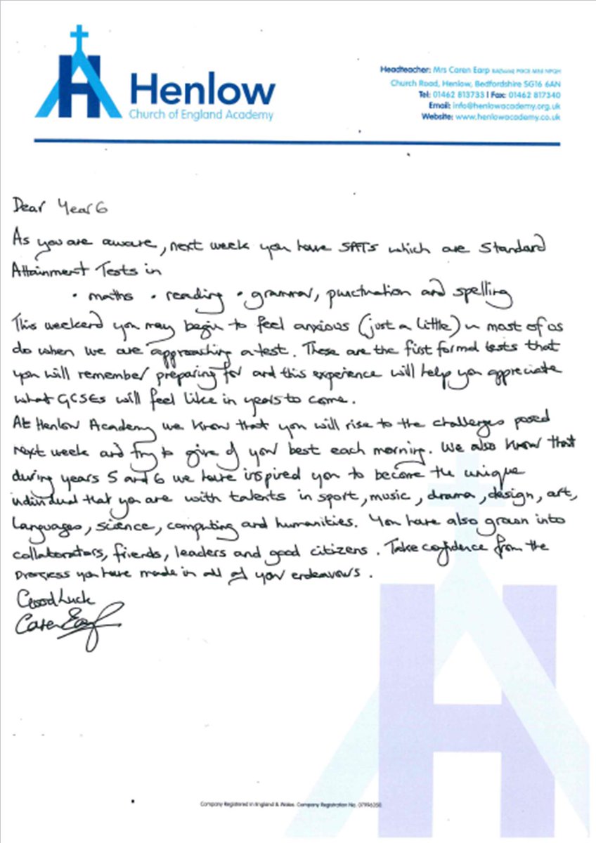 We would like to say a huge well done to our Year 6 pupils and staff for all their hard work during SATs.
We would like to share with you the personalised letter given to all Year 6 pupils from Mrs Earp with words of encouragement for the SATs week. 
We are very proud of you all!