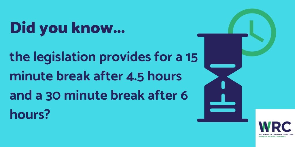WRC_ie's tweet photo. #Employers are responsible for ensuring #employees are given adequate breaks. Did you know, that in general, the legislation provides for a 15 minute break after 4.5 hours worked and a 30 minute break after 6 hours? #needtoknow #employmentlaw #restperiods #hoursofwork #breaks https://t.co/WCydavViJj