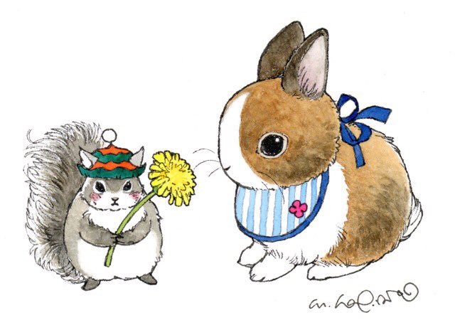 「おともだち

#squirrel #rabbit
#baby
#dandelio」|萩岩睦美　再現画展福岡10/5〜10/9のイラスト