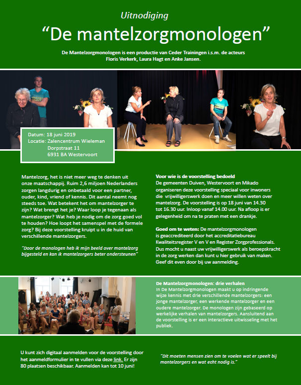 Uitnodiging voor de Theatervoorstelling De Mantelzorgmonologen voor inwoners uit Duiven en Westervoort die vrijwilligerswerk doen. 
Aanmelden via: docs.google.com/forms/d/e/1FAI…