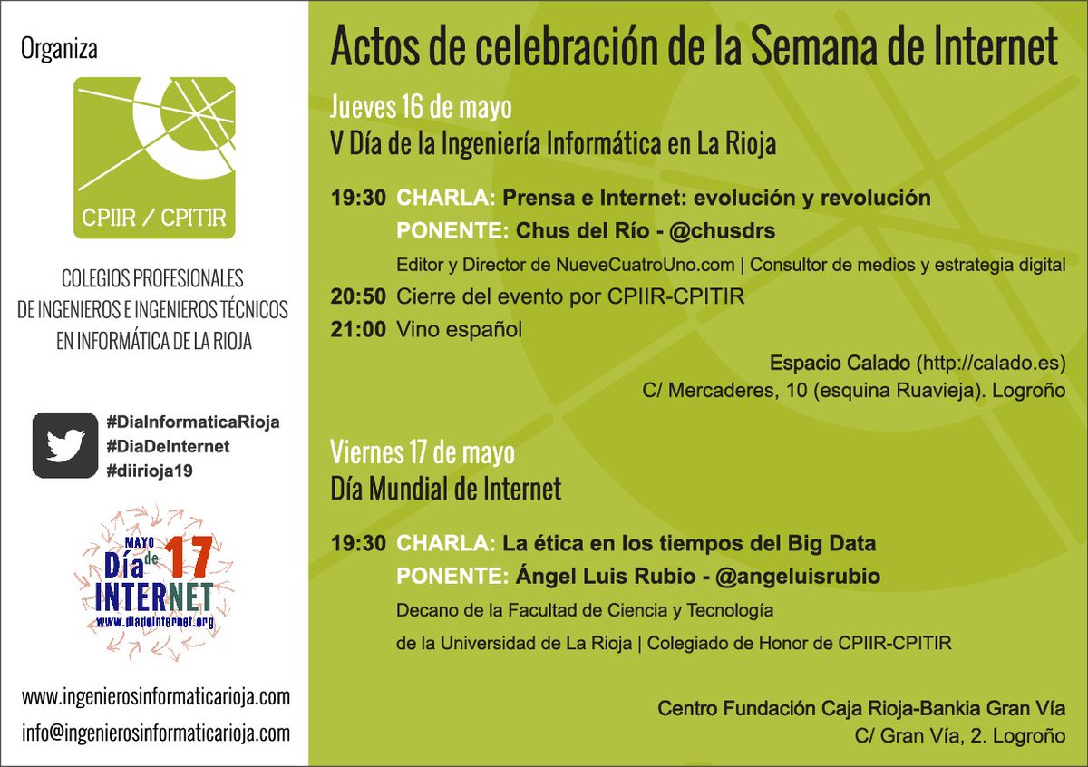 HOY JUEVES 16 a las 19:30h en <a href="/somoscalado/">Calado</a> <a href="/chusdrs/">Chus del Río</a> nos cuenta: 'Prensa e Internet: evolución y revolución’ <a href="/NueveCuatroUno/">NueveCuatroUno</a> <a href="/unirioja/">Universidad de La Rioja</a> <a href="/cciinfor/">CCII - Consejo General Ingeniería Informática</a> <a href="/conciti/">C.G. Ingeniería T. Informática</a>  #diainformaticarioja #diadeinternet #diirioja19 
Vota: diadeinternet.org/ficha/?id=2503…
