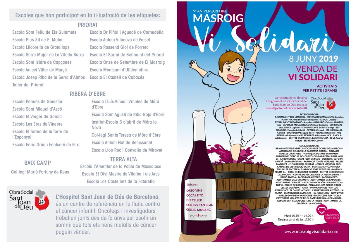 MasroigSolidari's tweet photo. Ja tenim el programa de la 9a edició del #MasroigViSolidari
Ens veiem el 8 de juny amb @LoPaudePonts i #NuriaFeliu
#ViSolidari19 #càncerinfantil @SJDbarcelona_ca.
Ho fem possible: #OrtoVins, @cocaifito , @CellerMasroig #DitCeller i #CellersCanBlau https://t.co/4iEW9K6WBq