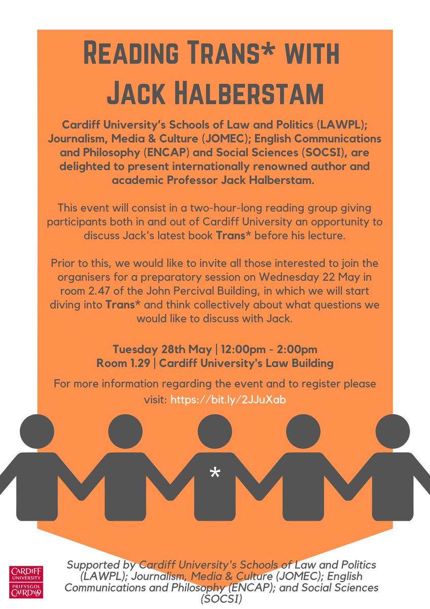 AssumingGender's tweet image. Please book your ticket and spread the word for this reading group of Trans* with Jack Halberstam. Happening @cardiffuni May 22nd &amp;amp; May 28th. eventbrite.co.uk/e/reading-tran…
