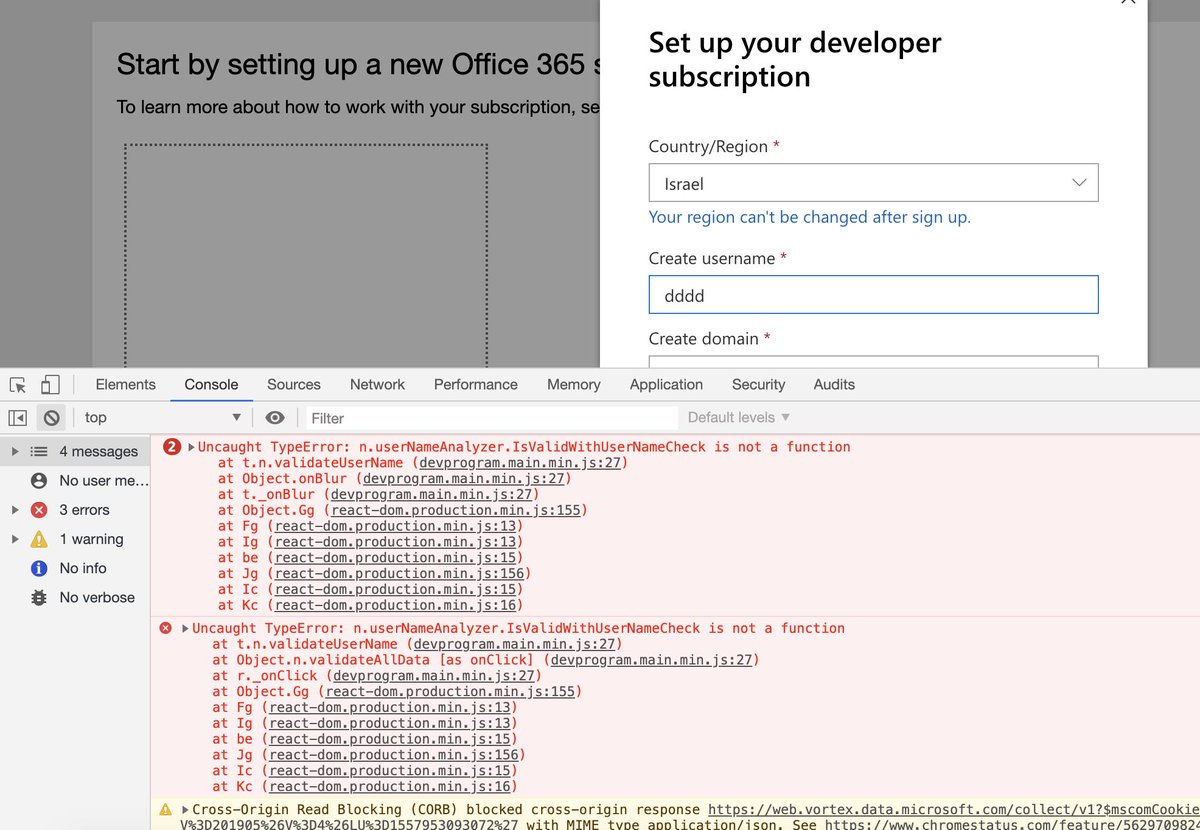 ofer_mark's tweet photo. @OfficeDev Hi guys, I'm trying to subscribe to your developer plan for few days now with no luck.
There's an issue in the code, I tried with multiple browsers. It happens when you put a username in create user text box and/or click continue. Please help? https://t.co/O9BpDWSRVb
