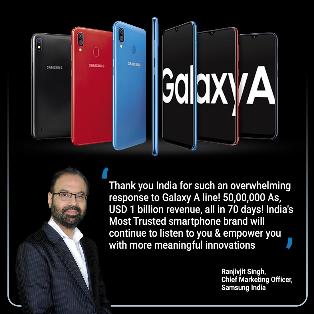 SamsungNewsIN's tweet photo. Galaxy A is a winner all the way, thanks to all of you! We listen to you and will continue to bring you transformative and meaningful innovations.  
#BuiltFortheEraofLive #IndiaReadyAction @SamsungMobileIN https://t.co/81uSncie39