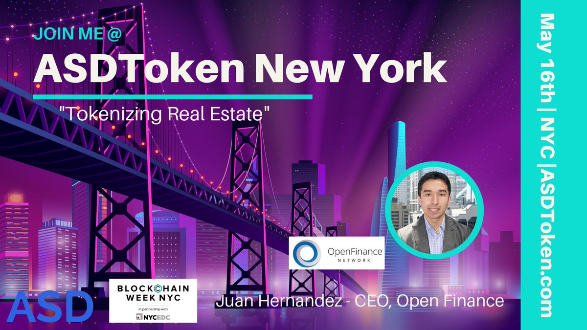 OpenfinanceIO's tweet photo. Today at ASDToken: Don't miss "Tokenizing Real Estate" with CEO @JHernanOFN, 10am at The Williamsburg Hotel in Brooklyn. Thanks to @AnySizeDeals for providing premiere forums on blockchain and real estate. https://t.co/OIvhfJEX57 #BitcoinCRE #BlockchainWeekNYC https://t.co/WRtaWbALCn