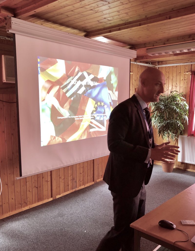 euforbih's tweet photo. @euforbih and @eu_eeas political advisor @ThomasWidrich presenting to students from @iussarajevo in Camp Butmir, Sarajevo - EUFOR and the EU integrated approach to BiH. EUFOR often engages with universities if the research is related to EUFOR’s work. #safeandsecureenvironment https://t.co/XAhrAFOuLd