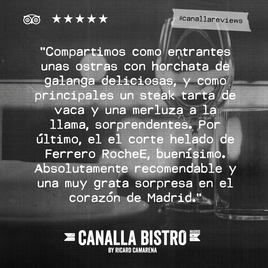 Nos encanta leer vuestras opiniones. 
↳ Las negativas constructivas nos ayudan a ofreceros una experiencia gastronómica cada día mejor. 
↳ Las positivas como esta, nos suben un poco el ego canalla. 😎
---
#CanallaReviews #CanallaBistroMadrid #CanallaBistro #RicardCamarena