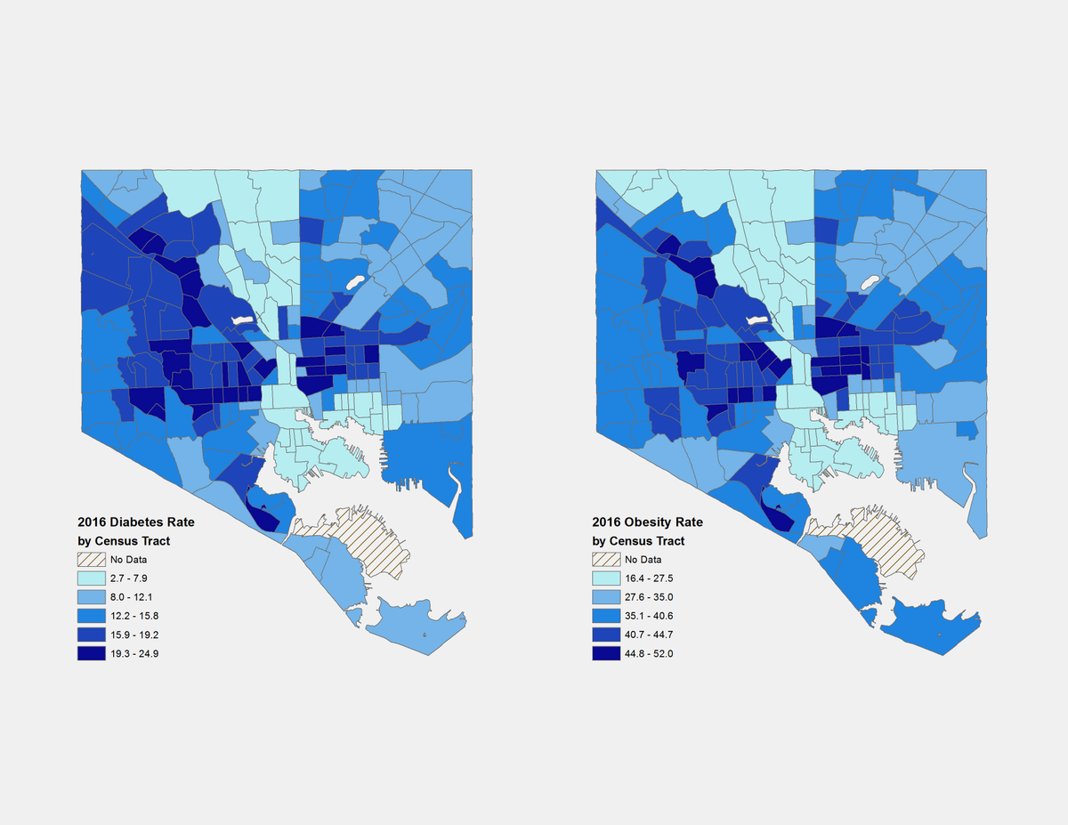 Interested in the relationship between place &amp; health? Check out the updated health data on obesity &amp; diabetes in Baltimore City from the #500cities project on CLF's @mdfoodmap 
gis.mdfoodsystemmap.org/map/#x=-853052…