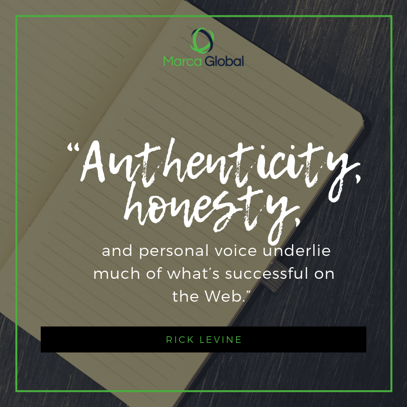 MarcaGlobalUS's tweet photo. Authenticity, honesty and personal voice underlie much of what's successful on the web. @ricklevine #marcaglobal #quotes https://t.co/tDi1q3e60p