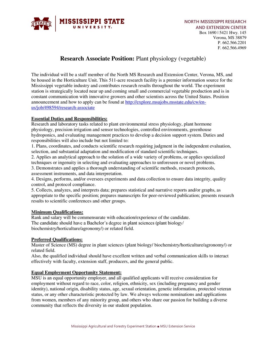 TCBarickman's tweet photo. We have a Research Associate position open in our vegetable physiology lab. Please see description below for more information. #vegetables #plantphysiology #horticulture #greenhouse https://t.co/BaL4EzA47T