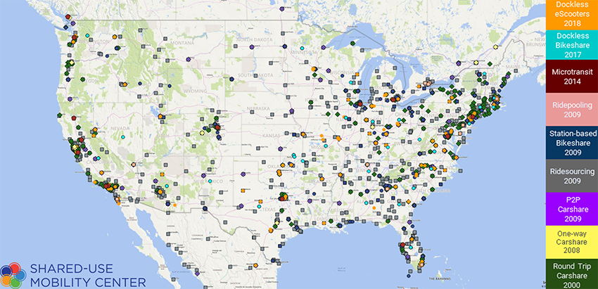 ridecell's tweet photo. We're digging into these #mobility maps by the @SharedUseCntr with options featuring things like an up-to-date #micromobility map of #docklessmobility across the US. https://t.co/QadTzU0m2O https://t.co/WcFE3yLWyO