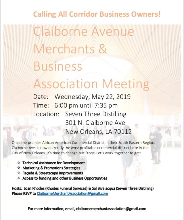 #BeThere Claiborne Ave. Merchants &amp; Business Association is meeting next week, Wednesday 5/22 at 6pm <a href="/73_Distilling/">SevenThreeDistilling</a> Seven Three Distilling Co., 301 N. Claiborne #CallingAllCorridorBiz #CMBA2019 #HistoricClaiborneAve