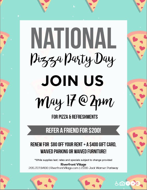 RiverfrontVille's tweet photo. Who’s coming?! Join us on Friday for National Pizza Party Day! Free food and refreshments 😍 and we will give you a t shirt just for stopping by 👕🤩 MAY 17th @ 2PM ✨✨✨✨✨ https://t.co/HPBGyqGUjZ