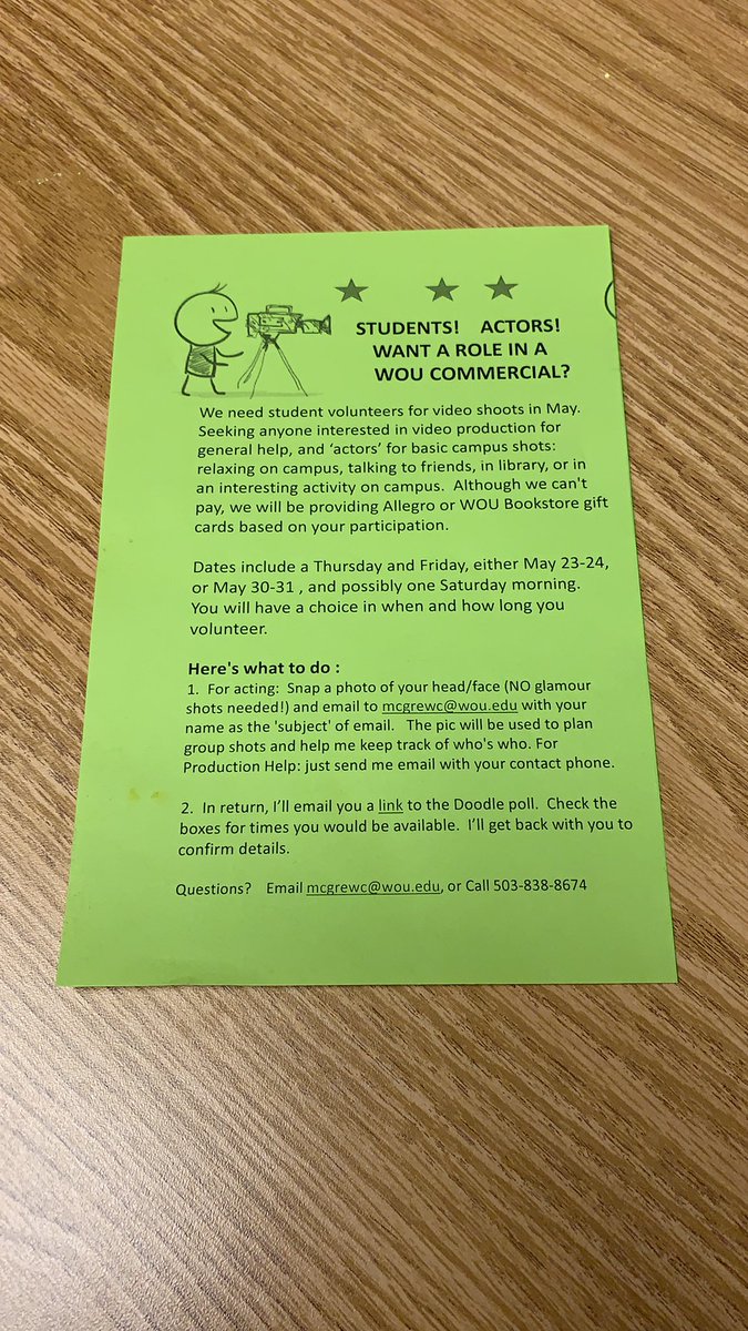 WOUTechDesk's tweet image. Want to be WOU famous? Sign up to have a role in a campus commercial