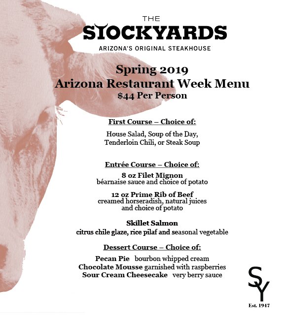 StockyardsAz's tweet photo. Arizona Restaurant Week starts tomorrow! Stop in and enjoy our 3 course ARW menu! Reservations: https://t.co/VL8Zcv51Nr
@azrestaurantwk #phoenixdining #phx #steak #az #EatARW #eatinginphoenix https://t.co/h91tdI47JZ