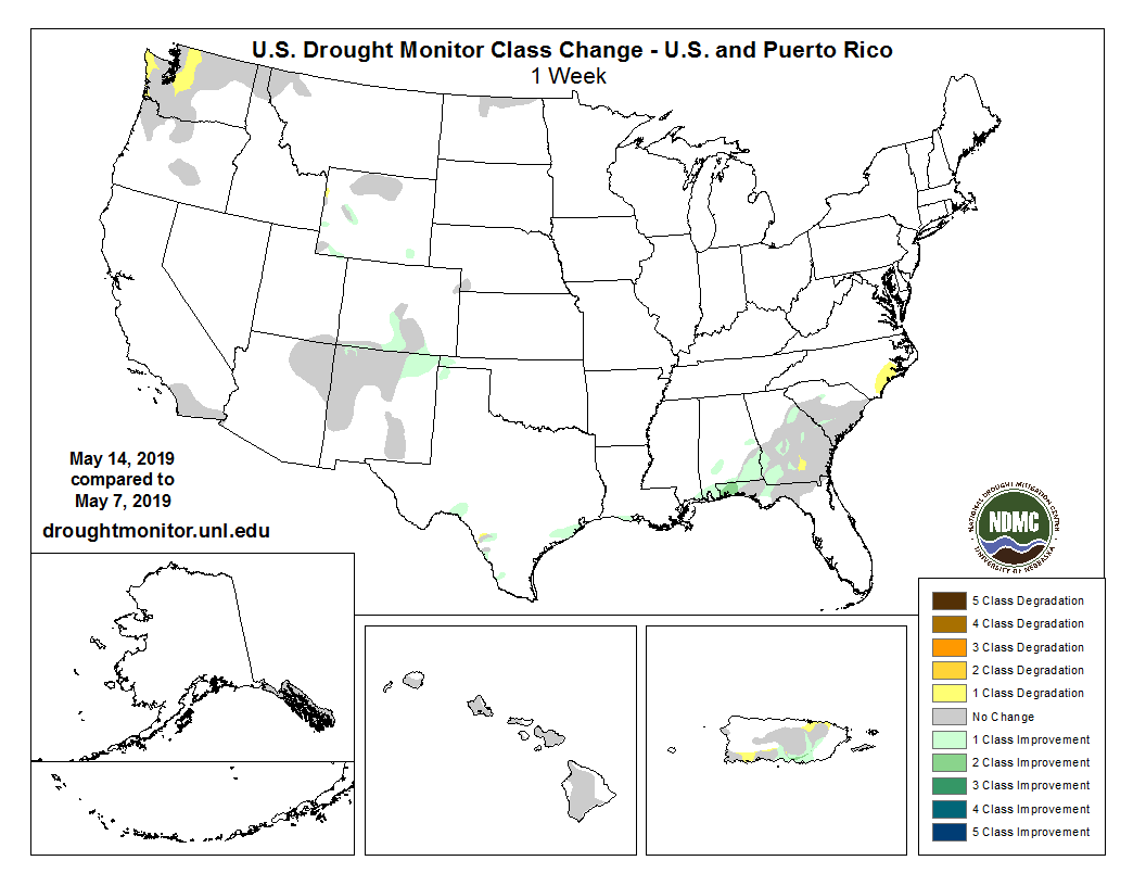 NOAADrought's tweet photo. This week’s change map for the US #DroughtMonitor shows that many #drought areas saw conditions improve by one category over the last week, particularly in the Southeast, South, southern CO, and northern NM. Western WA and the NC coast worsened by one category. https://t.co/qXKvHmWC4b