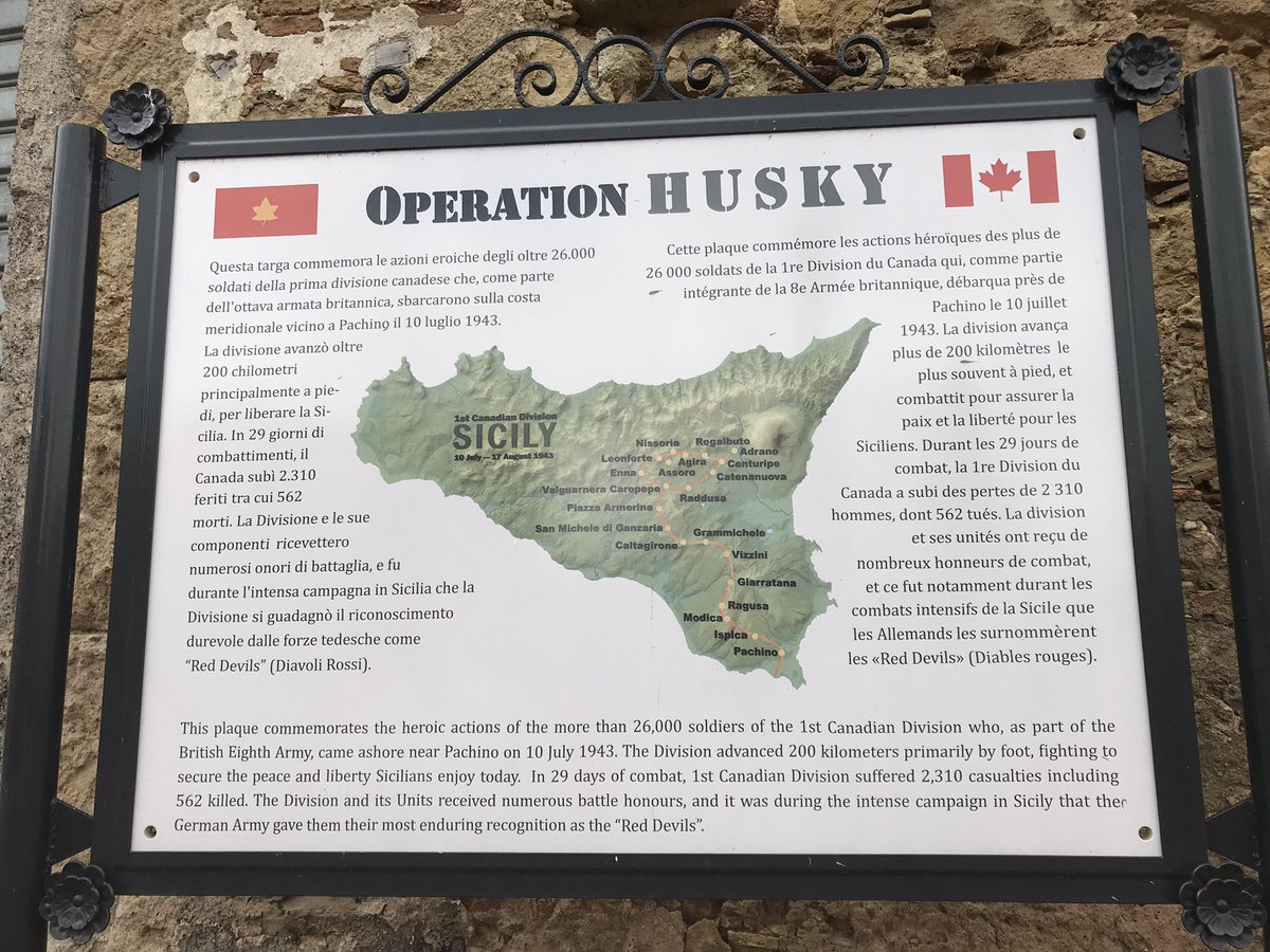 First Canadian Division Corporal Thomas Bruce honours his forbears at the Op Husky monument opposite the town war memorial in Agira.