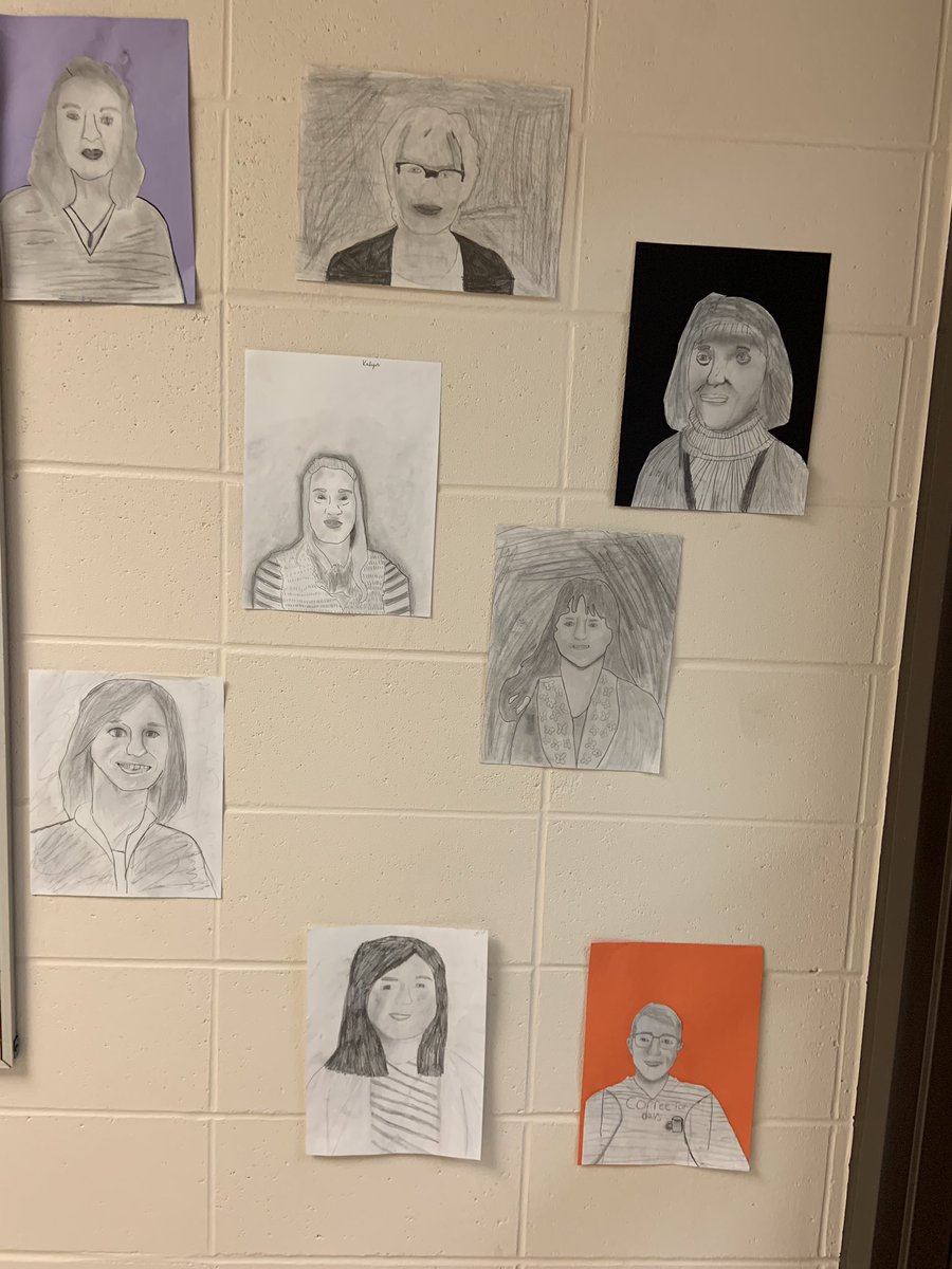 MaryBegley2's tweet photo. Staff portraits by 5th graders in @StregeJonathan class. Incredible talent! @downsvilleES https://t.co/usogSqTowj
