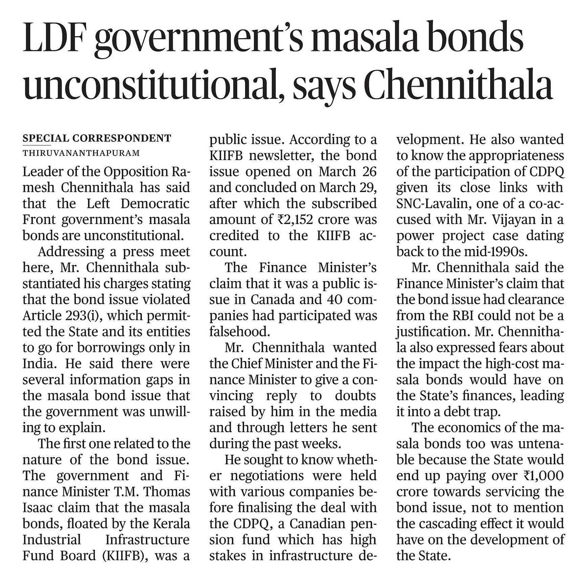 LDF government’s #masalabonds unconstitutional, says @chennithala