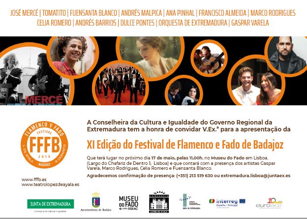 📢MAÑANA a las 11h se presenta en el <a href="/museudofado/">Museu do Fado</a> #Lisboa el XI Festival de #Flamenco y #Fado de #Badajoz. 💃 ENTRADA GRATUITA, confimar presencia 🖥️  extremadura.lisboa@juntaex.es / ☎️(+351)213519630   <a href="/aytodebadajoz/">Ayuntamiento Badajoz</a> @juntaex_cultura Programa @FFFBadajoz: fffb.es