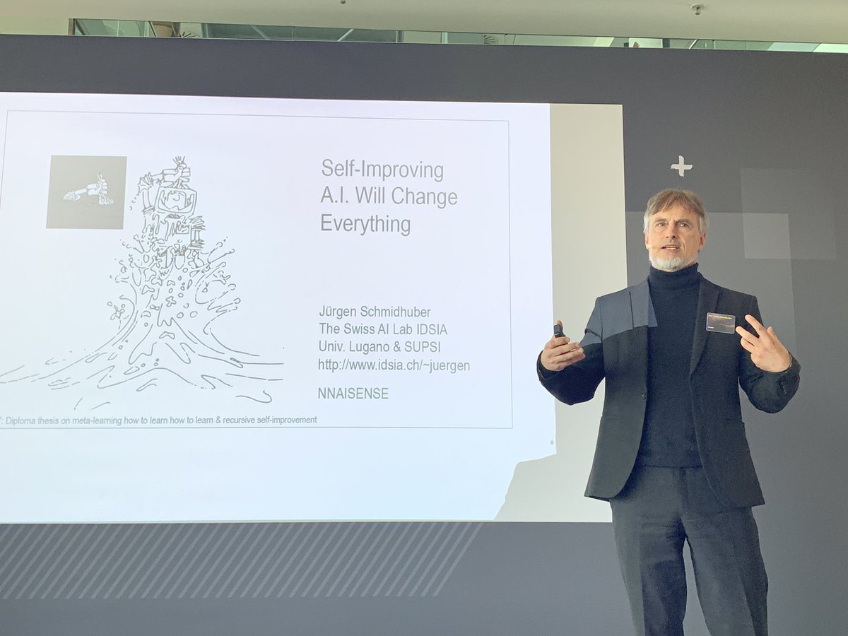 Packender Vortrag von #ki-Pionier  #Schmidhuber @Etengo-Symposium in #Sinsheim - beachte selbstgezeichnetes Titelbild seiner Promotion #weitblick