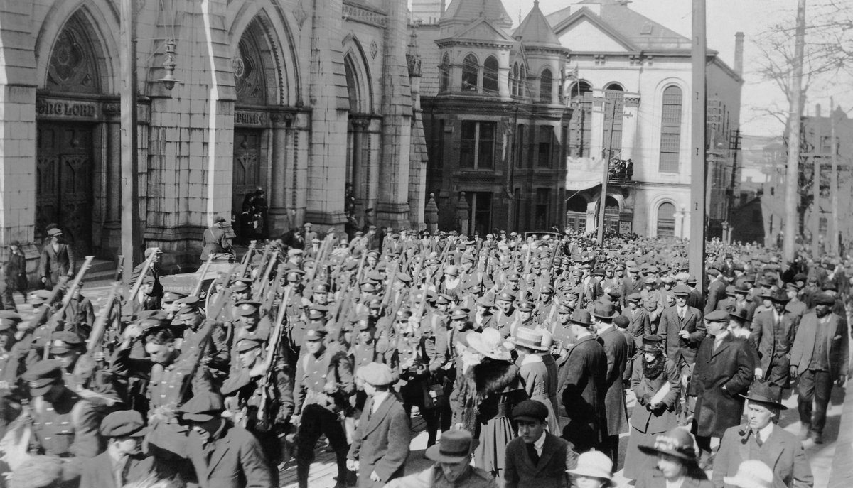 brucefmacdonald's tweet image. May 16 1919: The 25th Battalion (Nova Scotia Rifles) marches through the city of Halifax NS and &quot;musters out&quot; before day&apos;s end.
