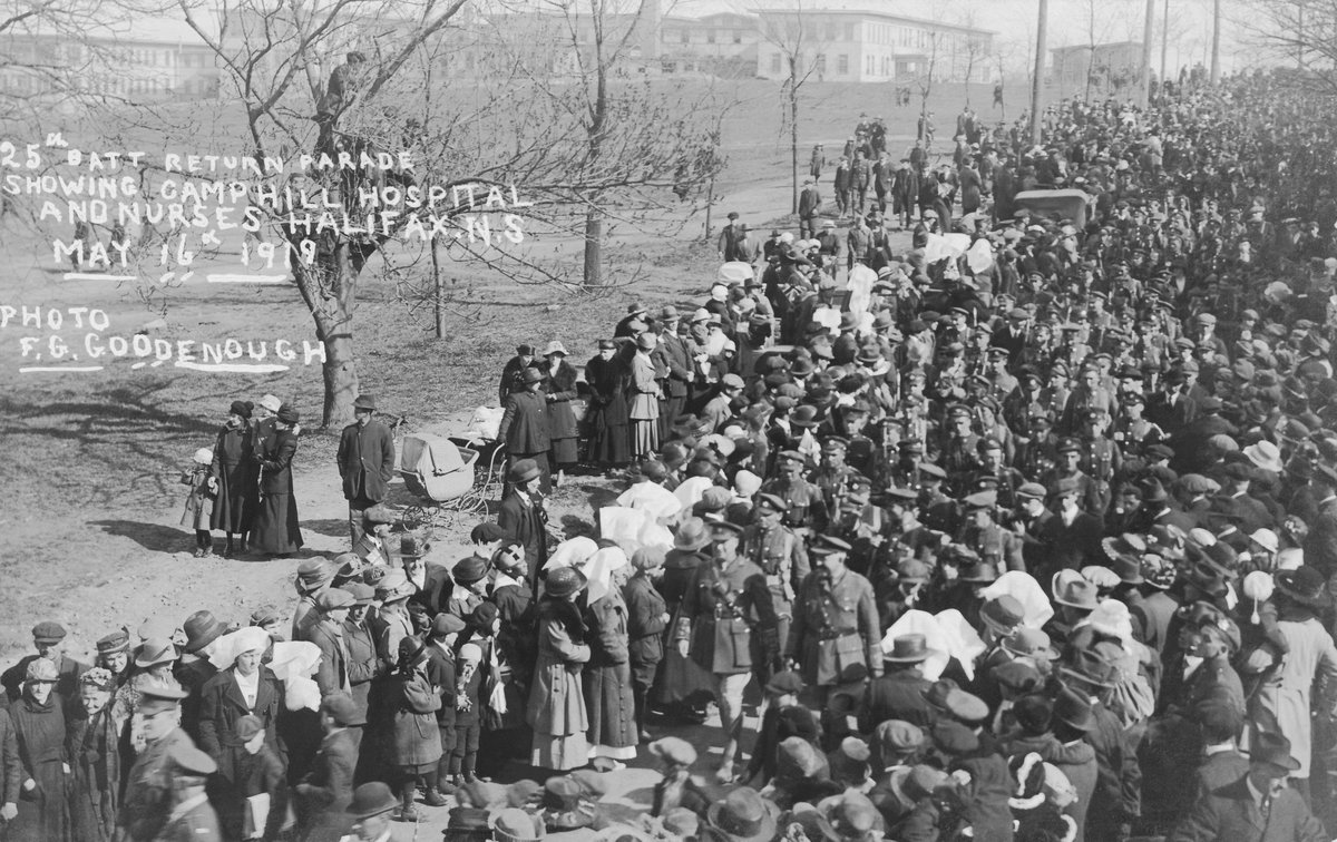 brucefmacdonald's tweet image. May 16 1919: The 25th Battalion (Nova Scotia Rifles) marches through the city of Halifax NS and &quot;musters out&quot; before day&apos;s end.