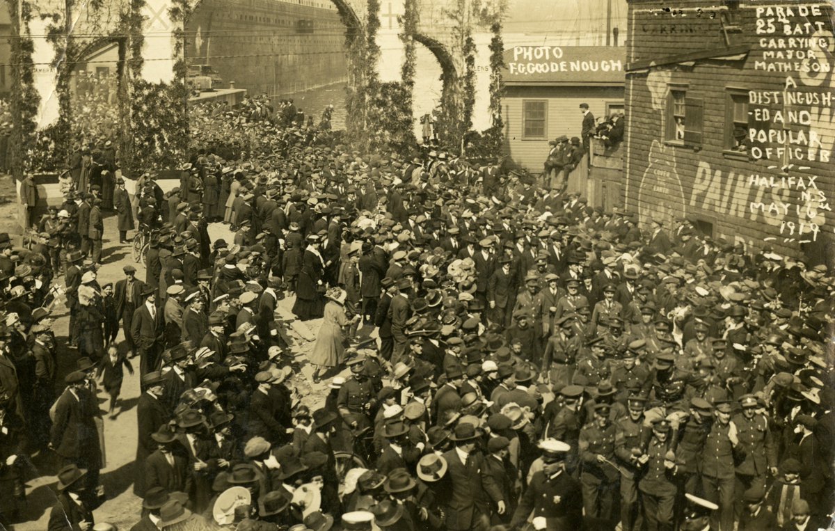 brucefmacdonald's tweet image. May 16 1919: The 25th Battalion (Nova Scotia Rifles) marches through the city of Halifax NS and &quot;musters out&quot; before day&apos;s end.