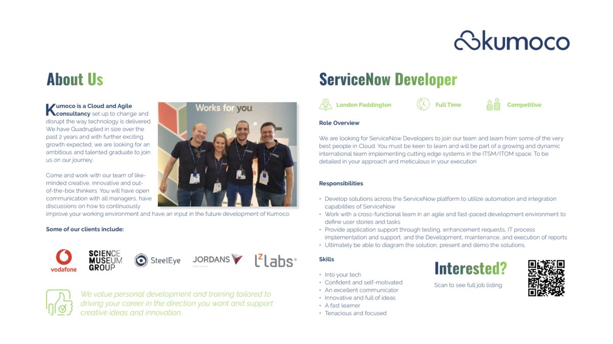 WeAreKumoco's tweet photo. We are looking for ServiceNow Developers. 

Join us to learn from the very best in cloud and be part of a growing and dynamic, international team implementing cutting edge systems in the ITSM/ITOM space.

Come by to see us at @imperialcareers recruitment fair tonight. #devjobs https://t.co/kEuGPqDM2c
