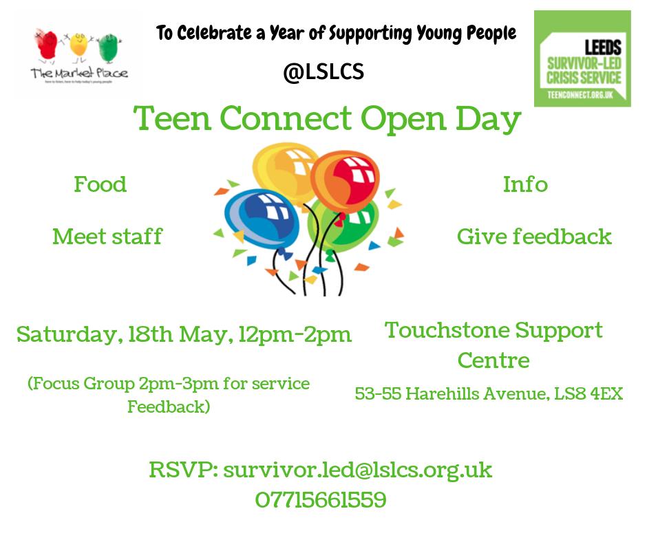 Only 2 days to go until the Teen Connect Open Day! Come along to Touchstone Support Centre and meet the staff, learn about the service, and have a fun day out! RT and let people know! #Leeds #openday #teenconnect