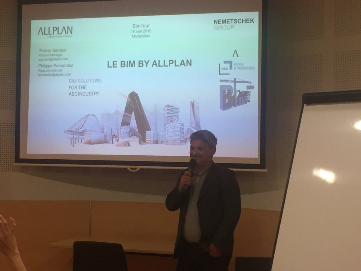 tour_bim's tweet photo. Début de la conférence avec @thierrysampol , expert en solutions open bim chez @AllplanFrance. Suivez l'actualité de la conférence avec le #bimtour2019 ! #BIM #buildinginformation #BIMMANAGER @CESIsudouest @CESIingenieurs https://t.co/xxYSheNEgJ