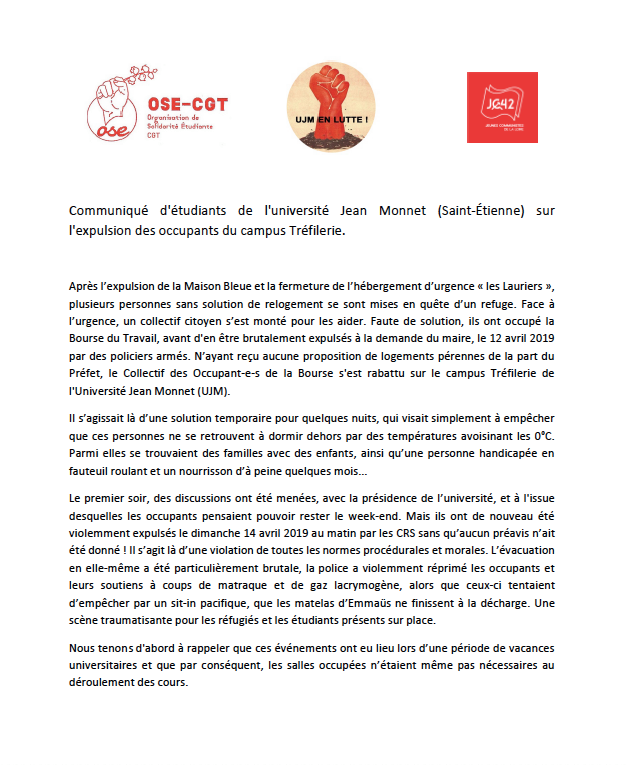 boursedutravail's tweet photo. source : Université Jean Monnet en lutte 
Communiqué commun rédigé avec deux autres organisations étudiantes concernant l'expulsion des occupant·e·s de la Bourse de l'UJM.
#soutienAuxSansAbris #Sainté #Solidarité https://t.co/JbqzuQQHAd