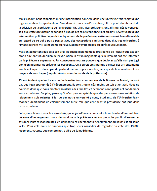 boursedutravail's tweet photo. source : Université Jean Monnet en lutte 
Communiqué commun rédigé avec deux autres organisations étudiantes concernant l'expulsion des occupant·e·s de la Bourse de l'UJM.
#soutienAuxSansAbris #Sainté #Solidarité https://t.co/JbqzuQQHAd