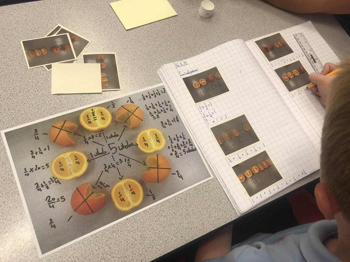 NewfoldYear4's tweet photo. We are using oranges to help us with fraction calculations. #fractions #practicalmathematics #mathsisfun https://t.co/CQHB06MMeQ
