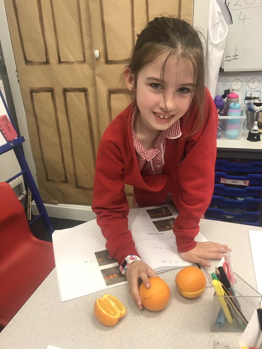 NewfoldYear4's tweet photo. We are using oranges to help us with fraction calculations. #fractions #practicalmathematics #mathsisfun https://t.co/CQHB06MMeQ