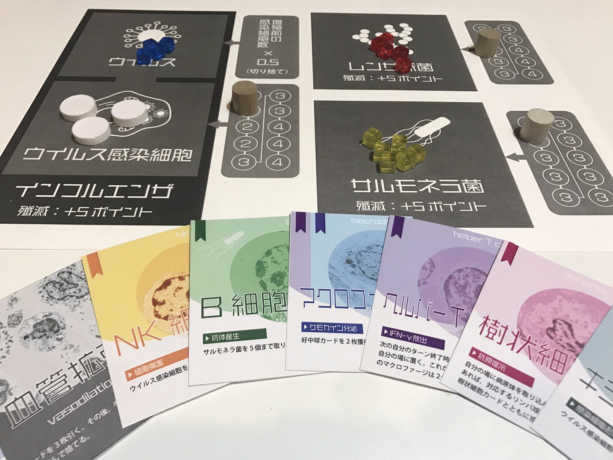 中野誠大 Masahiro Nakano ついに完成 免疫型ボードゲーム 出来ました 樹状細胞 マクロファージ キラーt細胞などなどを駆使して病原体を駆逐する対戦型戦略ゲームです 五月祭 理学部1号館851教室で遊べます 無料です 五月祭 T Co