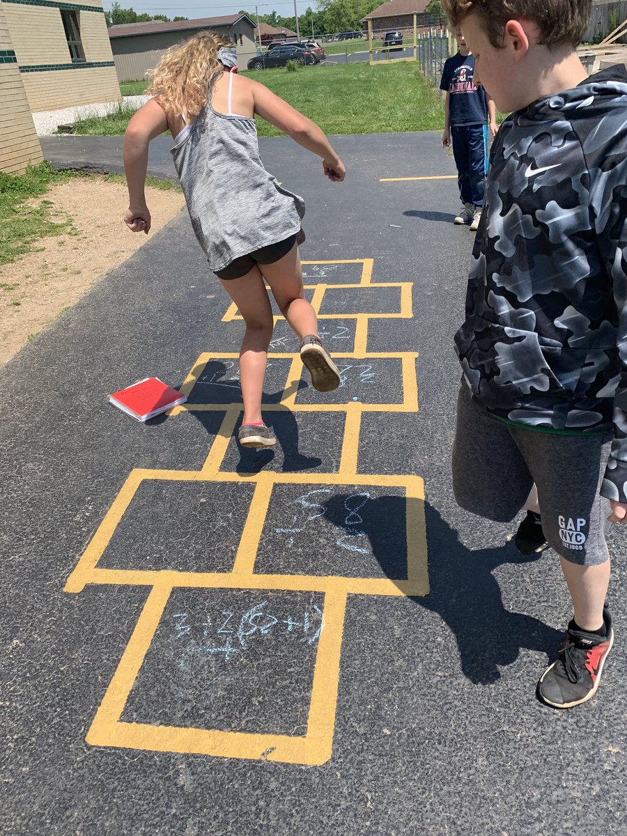 jtsdnixa's tweet photo. Math Hopscotch in #Wilson5th. Kids made up their own math problems from the year’s lessons. When they land in a square, have to solve it! Up next: Mental Math 4-Square! https://t.co/Pbv3Vz8pxj
