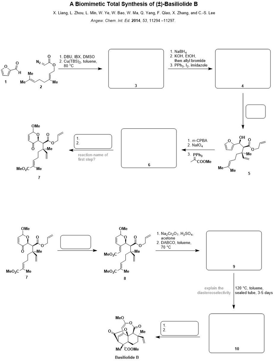 This week's quiz, on the synthesis of basiliolide B by the Lee group published in @angew_chem, is a tough one. It includes a cyclopropanation/fragmentation strategy to set two stereocenters followed later by everyone's favorite cycloaddition. Good luck!