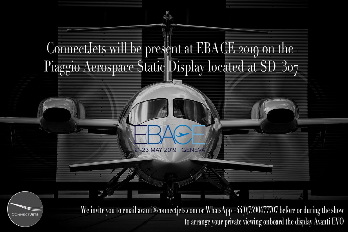 Attending #EBACE19? As the UK Agent, ConnectJets will be present with <a href="/PiaggioA/">Piaggio Aerospace</a> on Static Display Booth SD_307 where an <a href="/AvantiEVO/">Avanti EVO</a> will be proudly presented. We look forward to welcoming our partners and clients onboard in Geneva next week! #ebace2019 #ebace19 #bizav #privatejet