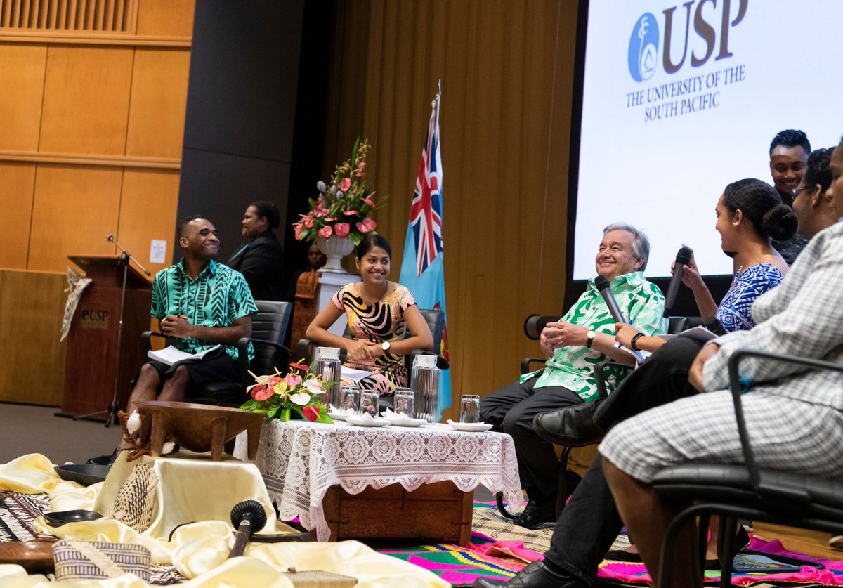 antonioguterres's tweet photo. Young people around the world are driving transformative #ClimateAction and MUST keep up the pressure on their leaders. The determination of the students I met in Fiji is key to living at peace with our climate. https://t.co/390r6FS0Nj