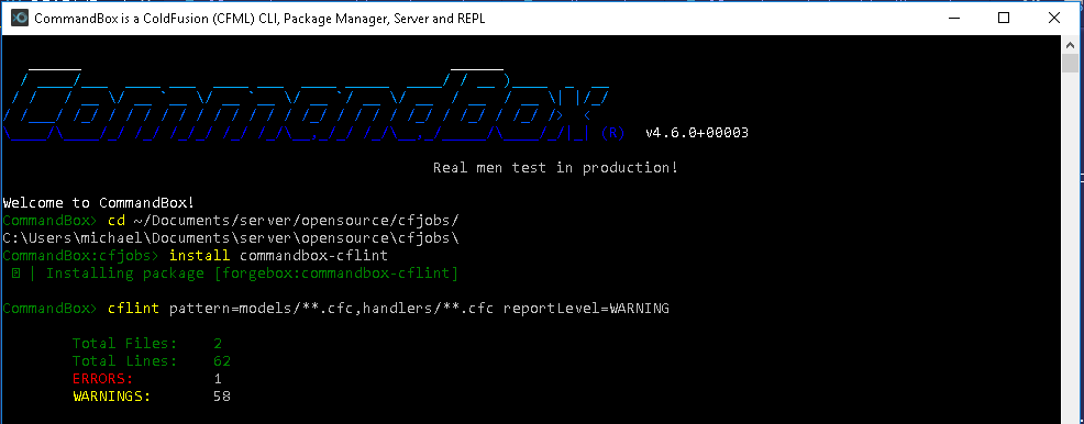 michaelborn_me's tweet image. Lint your CFML code from Commandbox in two steps!
1. box install commandbox-cflint
2. cflint pattern=folder1/**.cfc,folder2/**.cfc
#cfml #coldfusion #commandbox