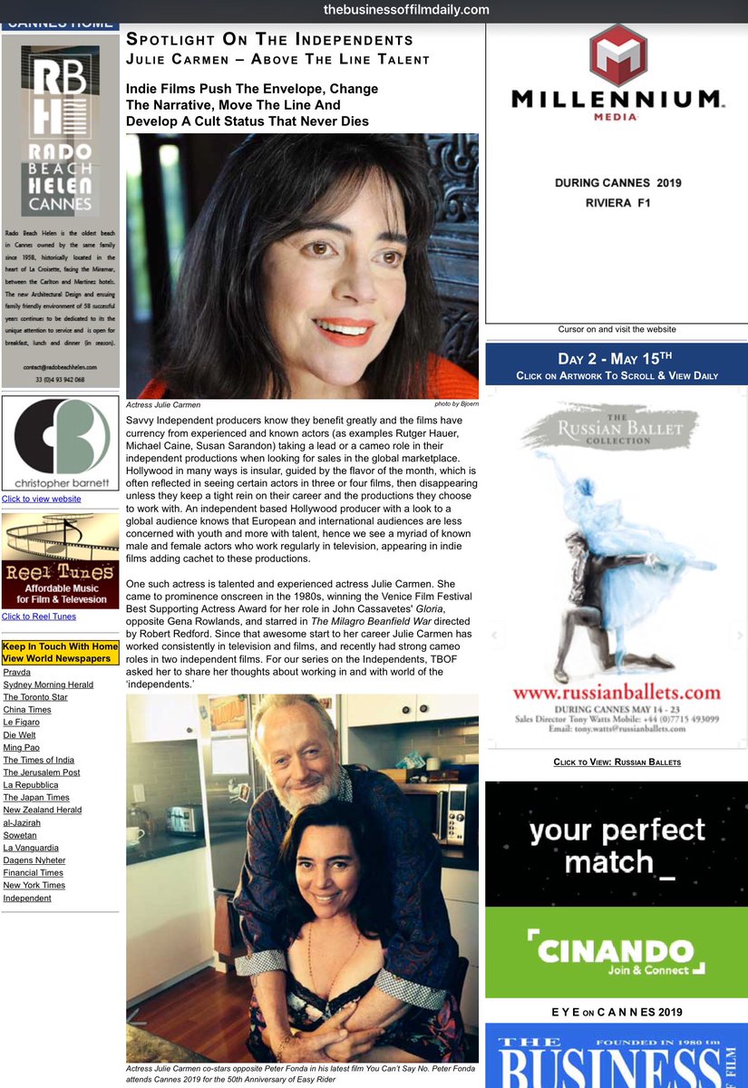 JulieCarmen3's tweet photo. Spotlight on the Independents: Julie Carmen in #TheBusinessOfFilmDaily #Cannes https://t.co/M6V2QTv9Ef ⁦@TBOFDaily⁩ https://t.co/9OKtC0wYPF