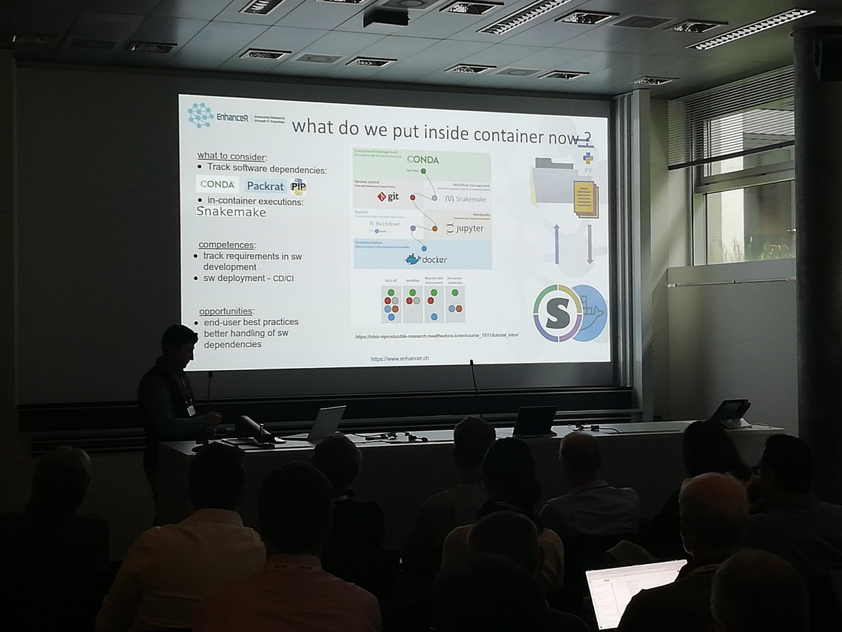 eScienceCH's tweet photo. Talk from @eScienceCH director Sergio about leveraging container technologies such as @Docker &amp; @SingularityApp to ensure reproducible analysis @hpcch forum https://t.co/0ekMxt8goi