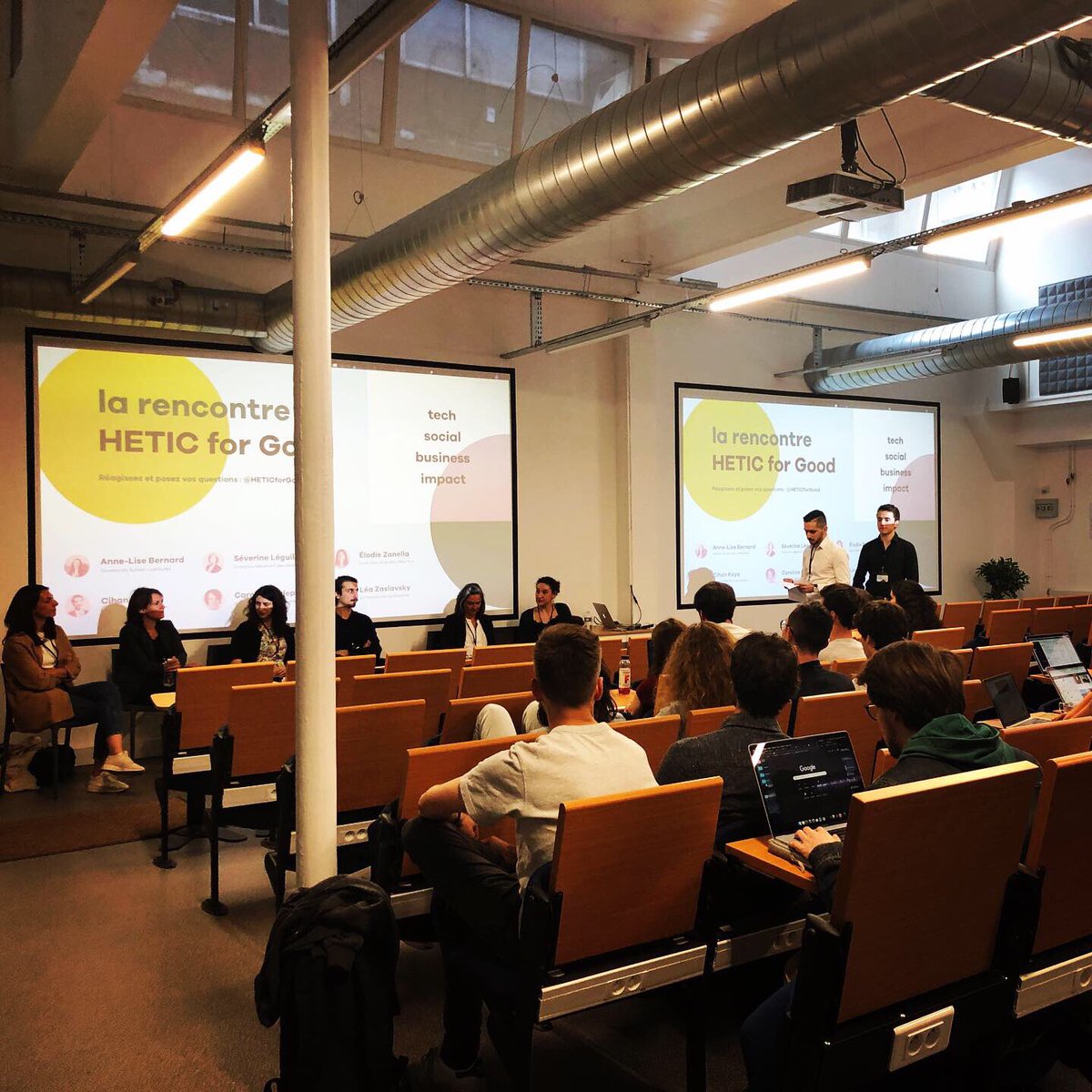 LeaPeersman's tweet photo. Impressionnée et fière de nos étudiants qui ont organisé la première conférence #TechforGood à @hetic . Merci à eux et à nos invités @makesense #latitudes #fiftyfive #samusocial . L’éthique s’incarne dans notre nom, elle est la force qui nous anime! #behetic https://t.co/DGjMYuMJlI
