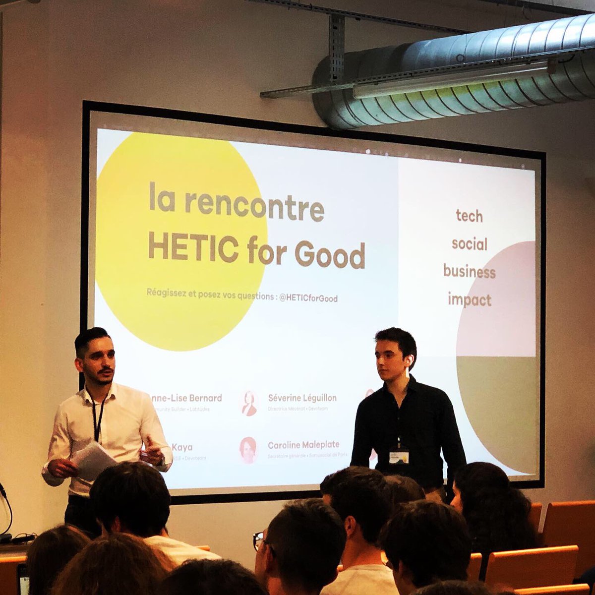 LeaPeersman's tweet photo. Impressionnée et fière de nos étudiants qui ont organisé la première conférence #TechforGood à @hetic . Merci à eux et à nos invités @makesense #latitudes #fiftyfive #samusocial . L’éthique s’incarne dans notre nom, elle est la force qui nous anime! #behetic https://t.co/DGjMYuMJlI