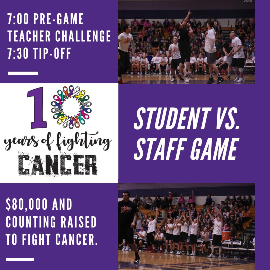 Win Kokopelli money by beating a staff member in the Teacher Challenge at the 10th Annual Student/Staff Basketball Game! More than $80,000 has been raised to fight cancer &amp; <a href="/WaunakeeRelay/">Relay For Life WHS</a> is looking to add to that total Friday night! Teacher Challenge at 7:00. Tip-off at 7:30.