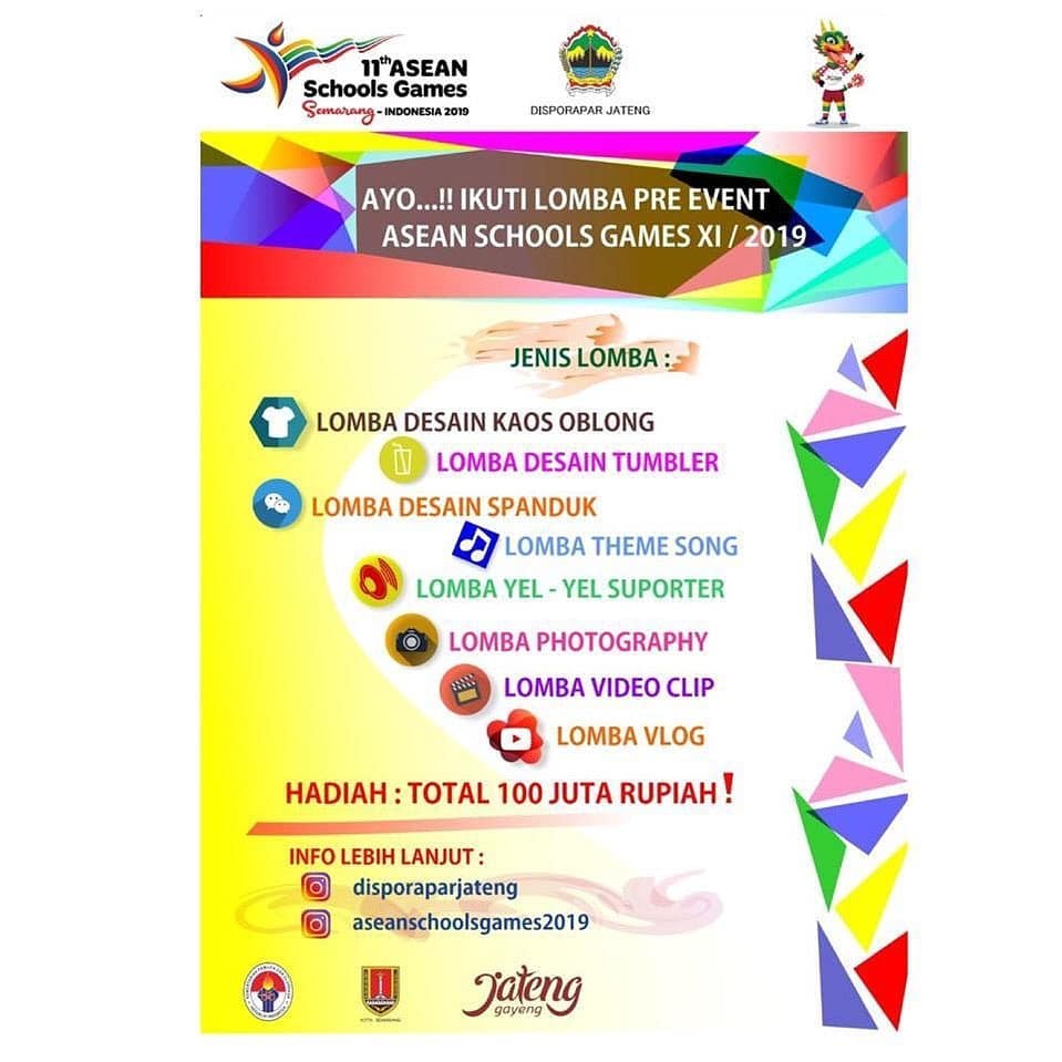 Selamat malam, Sobat Wisata. Sambut ASEAN Schools Games 2019, @disporaparjtg gelar beragam lomba berhadiah total 100 juta rupiah lho. Info lengkapnya bisa langsung cek Instagram (at)disporaparjateng atau (at)visitjawatengah atau official IG (at)aseanschoolsgames2019