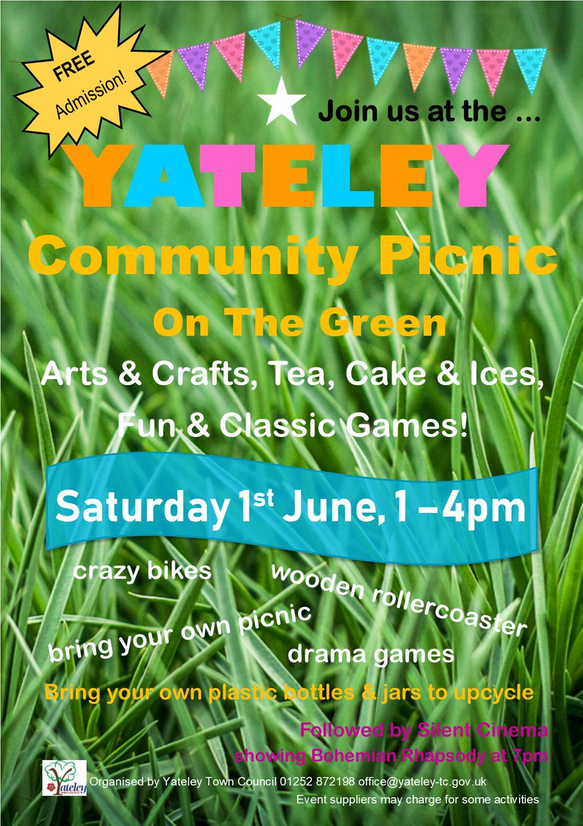 Community Picnic - Saturday 1st June, 1-4pm. Join us for a relaxing afternoon of fun, games, arts and crafts plus tea, cakes and ice cream on the Green by the Tythings. Followed by Silent Cinema at 7pm showing Bohemian Rhapsody.