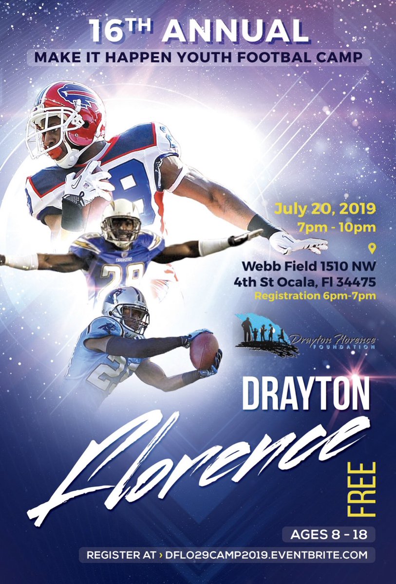 DraftDiamonds's tweet photo. Free Football Camp with former NFL player Drayton Florence In Ocala, Florida. I am asked all the time by co-Worker’s and parents when they will have a camp for youth. Well here you go it is free and he is a very knowledgeable player! https://t.co/kg9N0I9BYG
